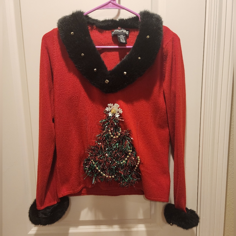 Red Ugly Christmas Sweater with Detachable Black Faux Fur Trim With Jingle Bells